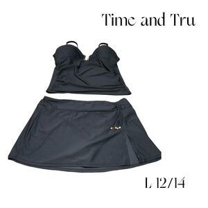 Time and Tru tankini skirt ruched built-in cups Adjustable spaghetti straps gold
